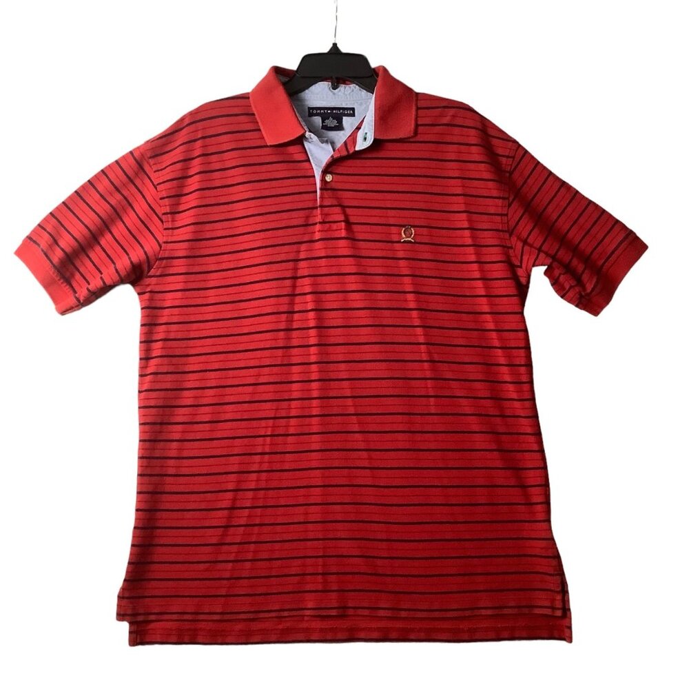 Tommy Hilfiger Striped Polo‎ Shirt Men Large Red Blue Short Sleeve Cotton